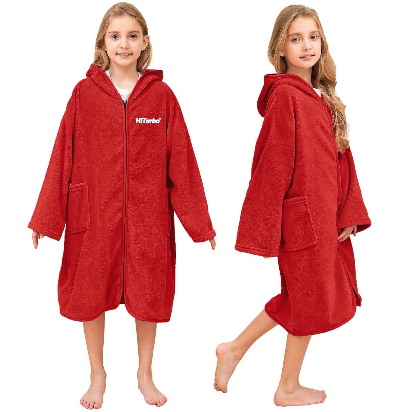 Hiturbo Kids Bath Towel Hoodie Soft Plush Zipper Surf Poncho Warm Fleece Changing Towels Swimming Outerwear Red