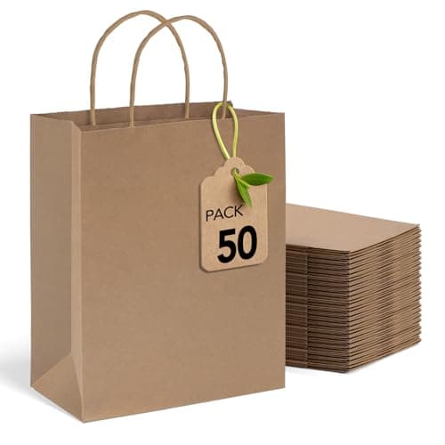MESHA Large Paper Bags 10x5x13 Inch Kraft Shopping Paper Bags with Handles Bulk 50 Pack Large Gift Bag Retail Recycled Birthday Wedding Party Favors Brown