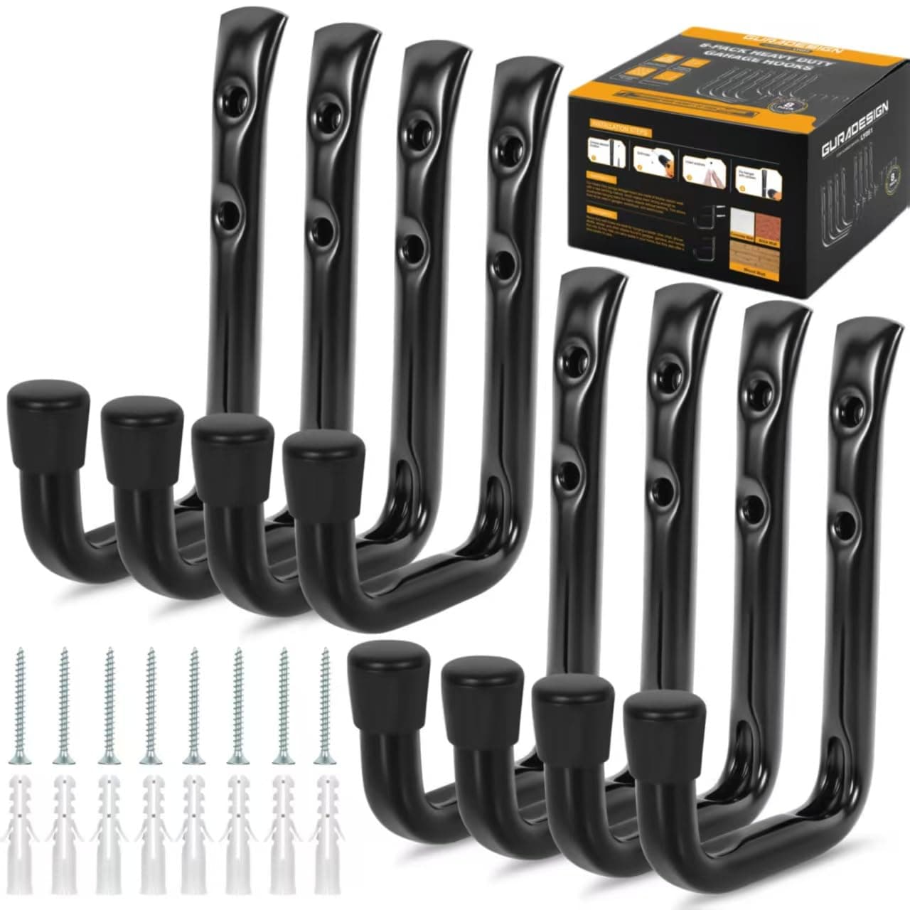 GURADESIGN 8Pack Heavy Duty Garage Hook for Hanging 50 lbs J Utility Hooks for Garage Metal Wall Hooks Heavy Duty Garage Hook for Hanging Black