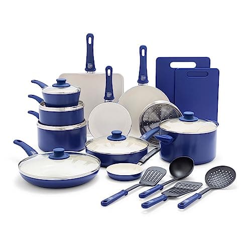 GreenLife Soft Grip 23 Piece Kitchen Cookware Pots and Frying Saucepans Set, Healthy Ceramic Nonstick PFAS and PFOA-Free, Dishwasher and Oven Safe, Even Heating, Easy Clean, Warp Control, Blue
