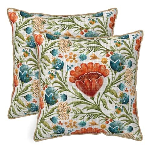 Red Blue Bright Floral Soft Velvet Throw Pillow Covers Set of 2 Colorful Flowers Green Leaf Plant Decorative Pillow Covers 18x18 Inch Boho Rustic Pillow Case For Sofa Couch Living Room Home Decor