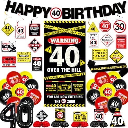 KimaruLZ 40th Birthday Decorations for Men Women Caution Happy 40th Birthday Party Supplies Decor with Backdrop Banner Balloons Centerpieces Hanging Swirls Wall Signs Sash Hat