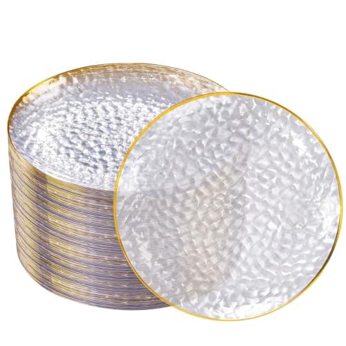 DaYammi 100 Pcs Gold Plastic Plates - 10 inch Clear Gold Dinner Plates Plastic Plates Disposable - Hammer Pattern Design - Fancy Disposable Plate - Heavy Duty Party Plate Ideal for Wedding