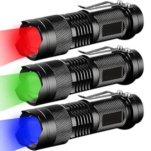 MVIOCS 3 Pack Red Green Blue Light Bright Small Flashlights LED Mini Flashlight High Lumens Pen Light with 3 Modes Zoomable Torch with Clip Flashlight for CampingOutdoorEmergency