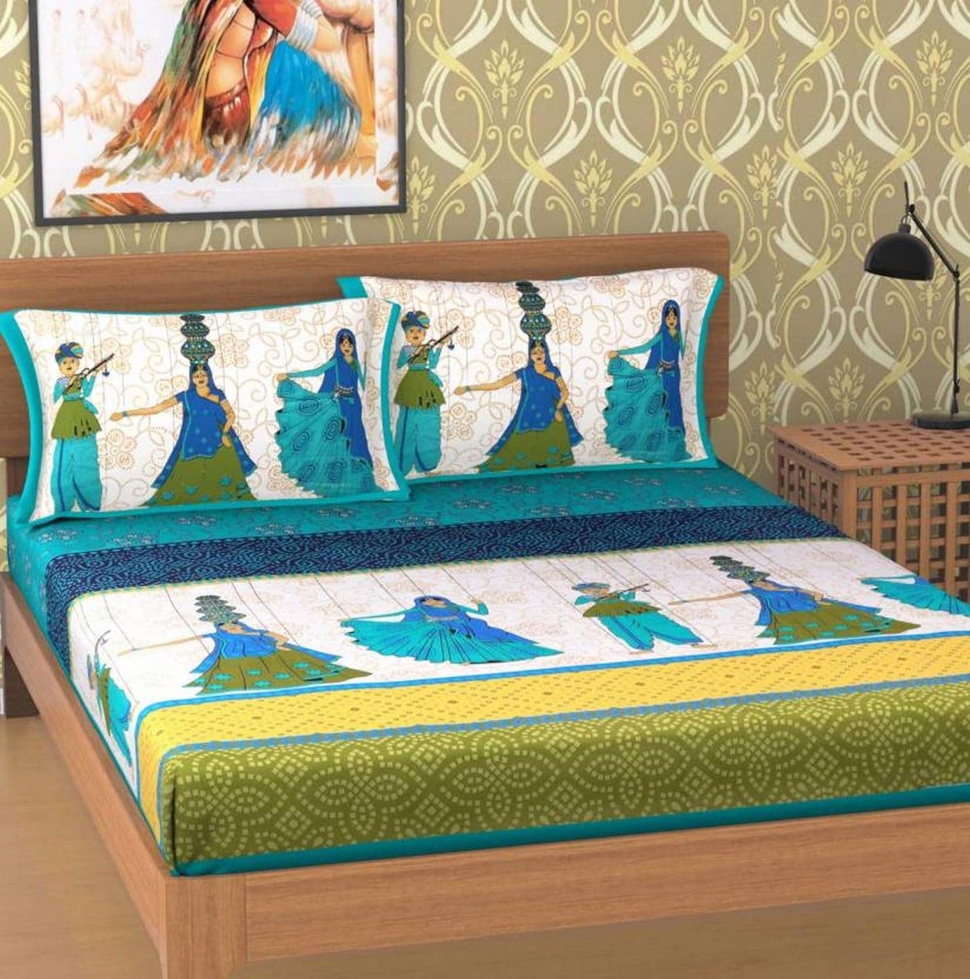 Monik handicrafts 100 Pure Cotton New Jaipuri Traditional King Size Double Bedsheet With 2 Pillow CoverGreen
