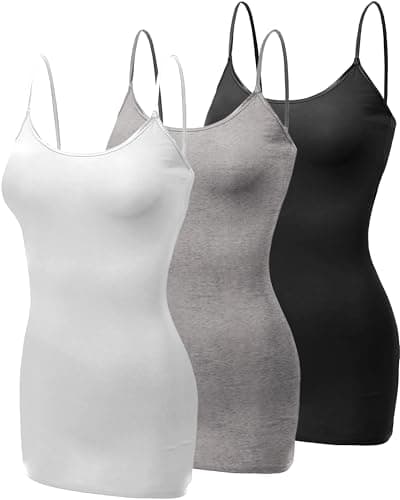 Emmalise Women's Basic Casual Long Camisole Adjustable Strap Cami Layering Top, 3XL, 3Pk Black, Hgray, White
