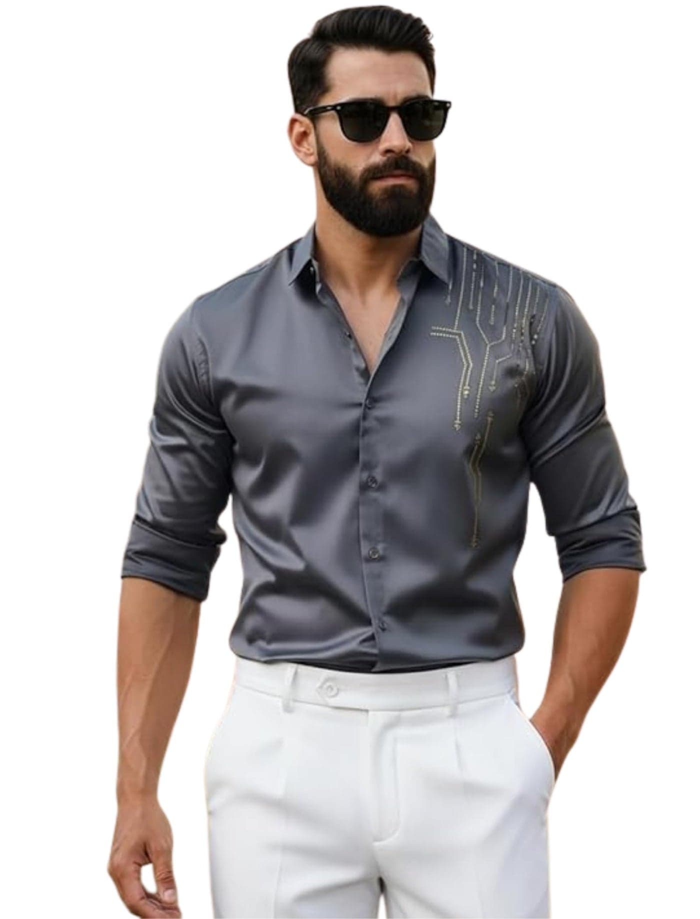 IndoPrimo Men’s Stylish Satin Shirt for Party, Formal and Casual Wear Full Sleeve Shirt for Men (in, Alpha, M, Regular, Darkgrey)