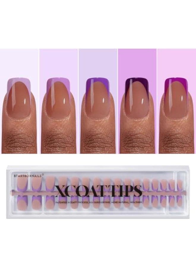 BTArtboxnails XCOATTIPS Purple French Tip Press On Nails Short Press On Nails Square Soft Gel Nail Tips 160Pcs Soak Off Acrylic Brown Fake Nail Extension in 16 Sizes