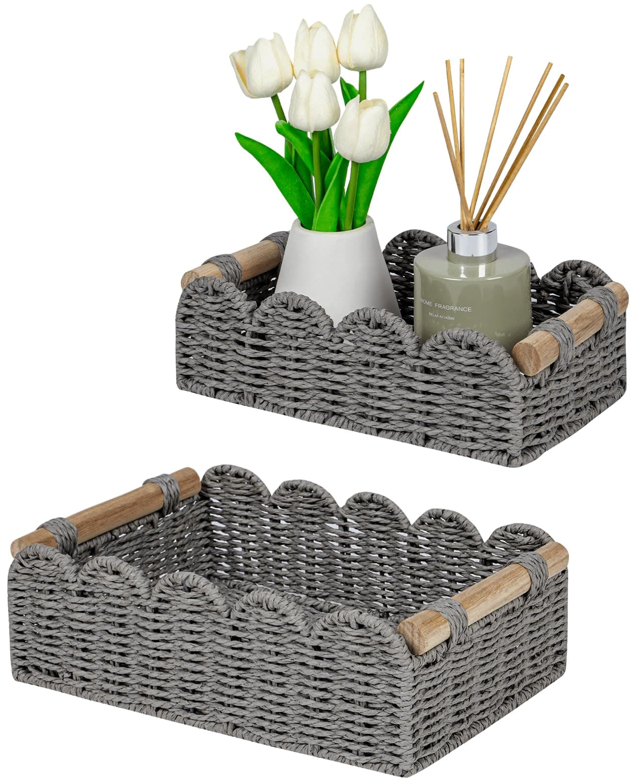 CubesLand Scalloped Edge Decor Baskets for Home, Living Room, Toilet Paper Storage Basket for Over Toilet Tank Top, Storage Shelf, Cute Small Paper Rope Baskets Both Storage&Decor, Set 2 Grey