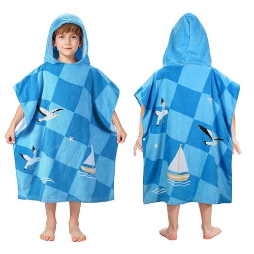 Catalonia Nautical Kids Hooded Poncho Towel 100 Cotton Absorbent Changing Robe for Beach Pool Bath for Toddlers Boys Girls Seagulls and Sailboats Print