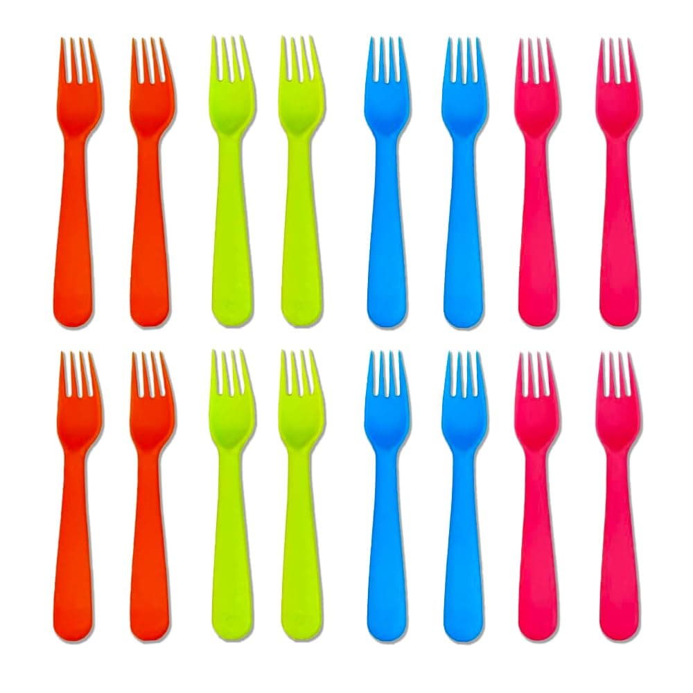 Jawbush 16Pcs Plastic Kids Forks Reusable Toddler Utensils with Bright Colors Durable Silversware Set for Lunch Box Camping or Travel Easy Grips Both for Kids or Adults BPA Free Dishwasher Safe