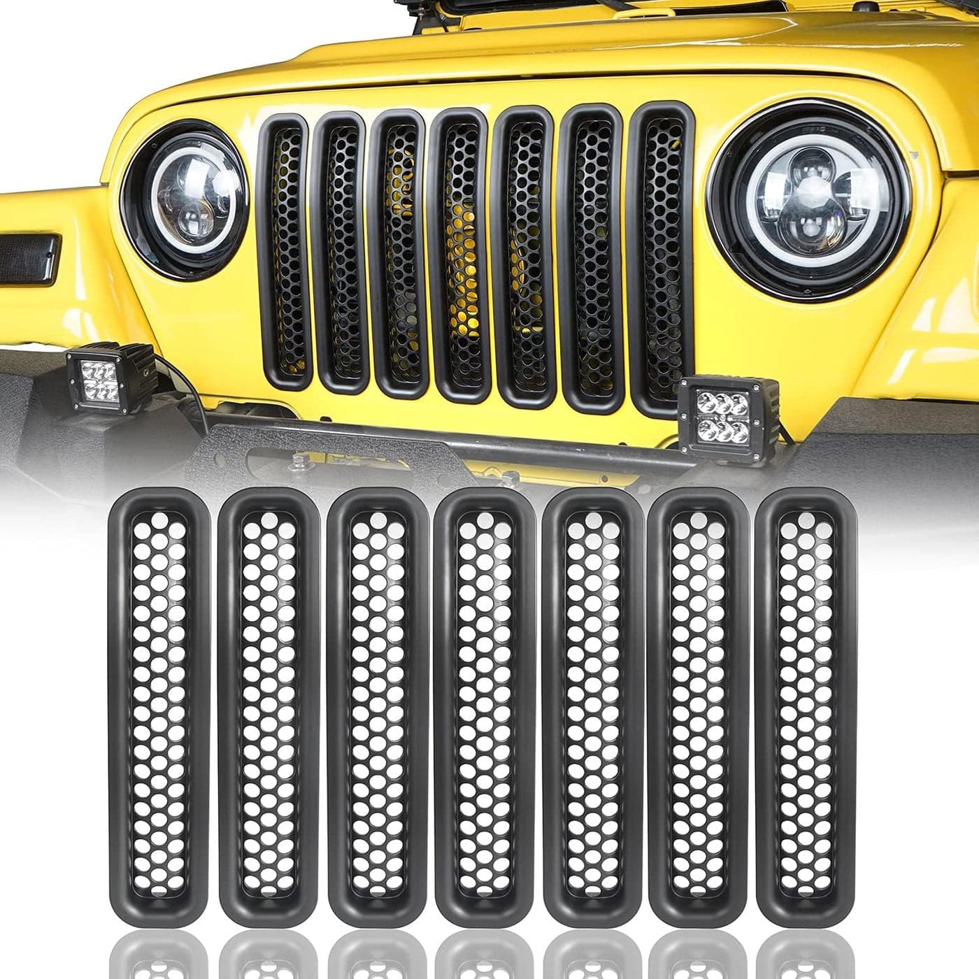 V8 GOD Front Grill Insert Mesh Grille Guards for Jeep TJ Wrangler 1997-2006 - Black, 7PCS