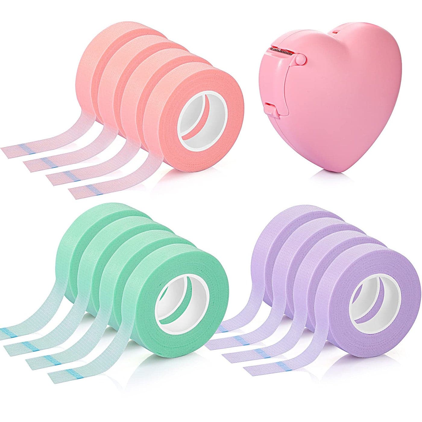 Maitys Eyelash Extension Tape Breathable Adhesive Lash Tape NonWoven Fabric Lash Tape with HeartShaped Tape Dispenser Cutter 05 Inch Wide 10 Yards Long of Each Pink Purple Green