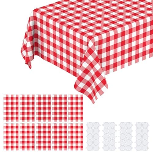 KAshack 10 Pack Red Gingham Tablecloth 108 x 54 Rectangular Red and White Checkered Tablecloths Disposable Red Plaid Table Cloth for Camping Birthday Picnic Christmas Weddingwith Stickers