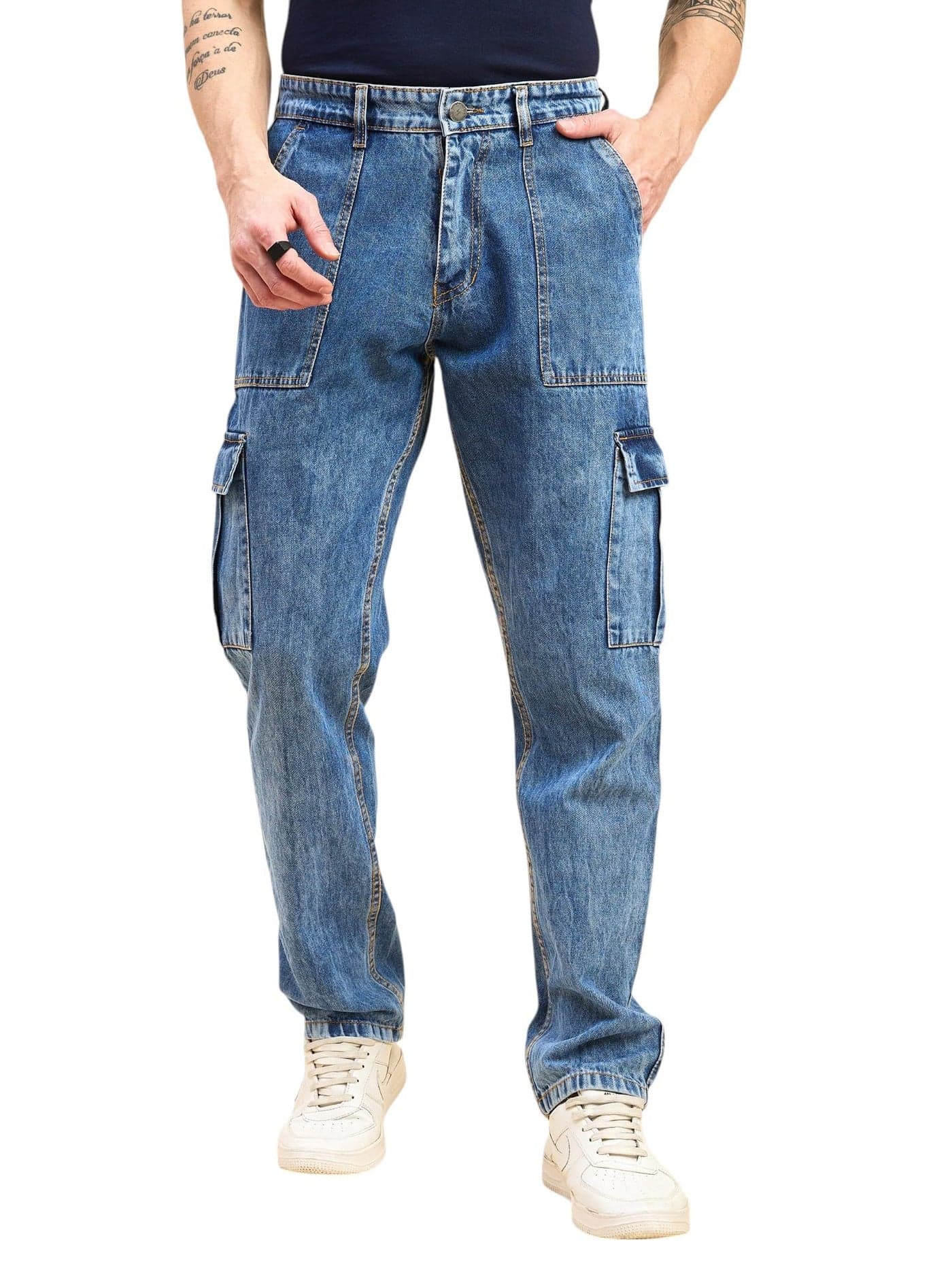 STUDIO NEXX Men's Loose Fit Light Blue Jeans | Non Stretchable | Cargo Denim for Men | Loose fit Cargos | Utility Pockets