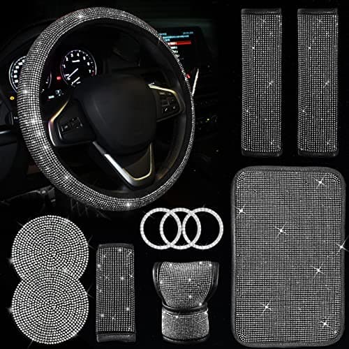 JINGSEN 11 Pcs Car Decoration Set,Bling Car Decoration Set for Women,Universal Fit 15 Inch,Rhinestone Center ConsoleCover(White)