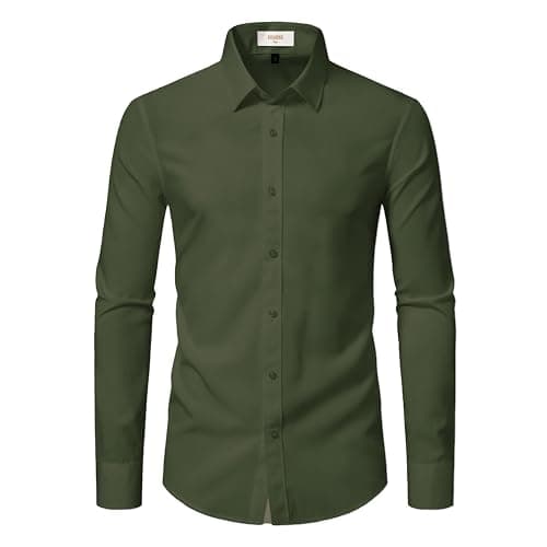 EOUOSS Dress Shirts for Men Stretch Slim Fit Long Sleeve Mens Dress Shirts Casual Business Formal Solid Button Down Shirts Olive Green Medium