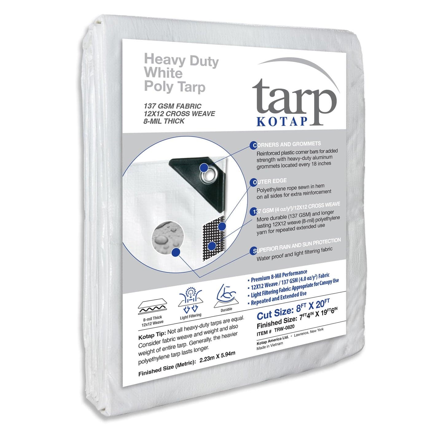 Kotap 8 x 20 Ft HeavyDuty ProtectionCoverage Tarp Superior Weave for Greater Longevity 8mil MultiUse Waterproof White 1Pack TRW0820