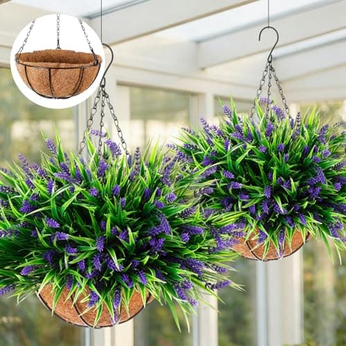 Hotop 2 Pack Outdoor Artificial Lavender Hanging Plants with Basket 16 Bundles UV Resistant Lavender in Coconut Liner Pot Spring Flowers Decor for Porch Patio Home Garden Decor(Purple)