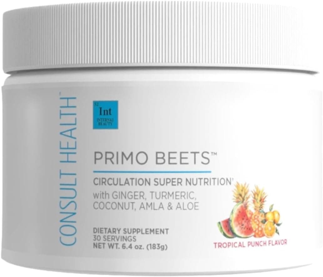 Consult Health Primo Beets Beet Root Powder Drink Mix with Electrolytes Nitrates to Support Circulation Energy Boost Ginger Turmeric Men Women Tropical Punch Flavor 30 Servings
