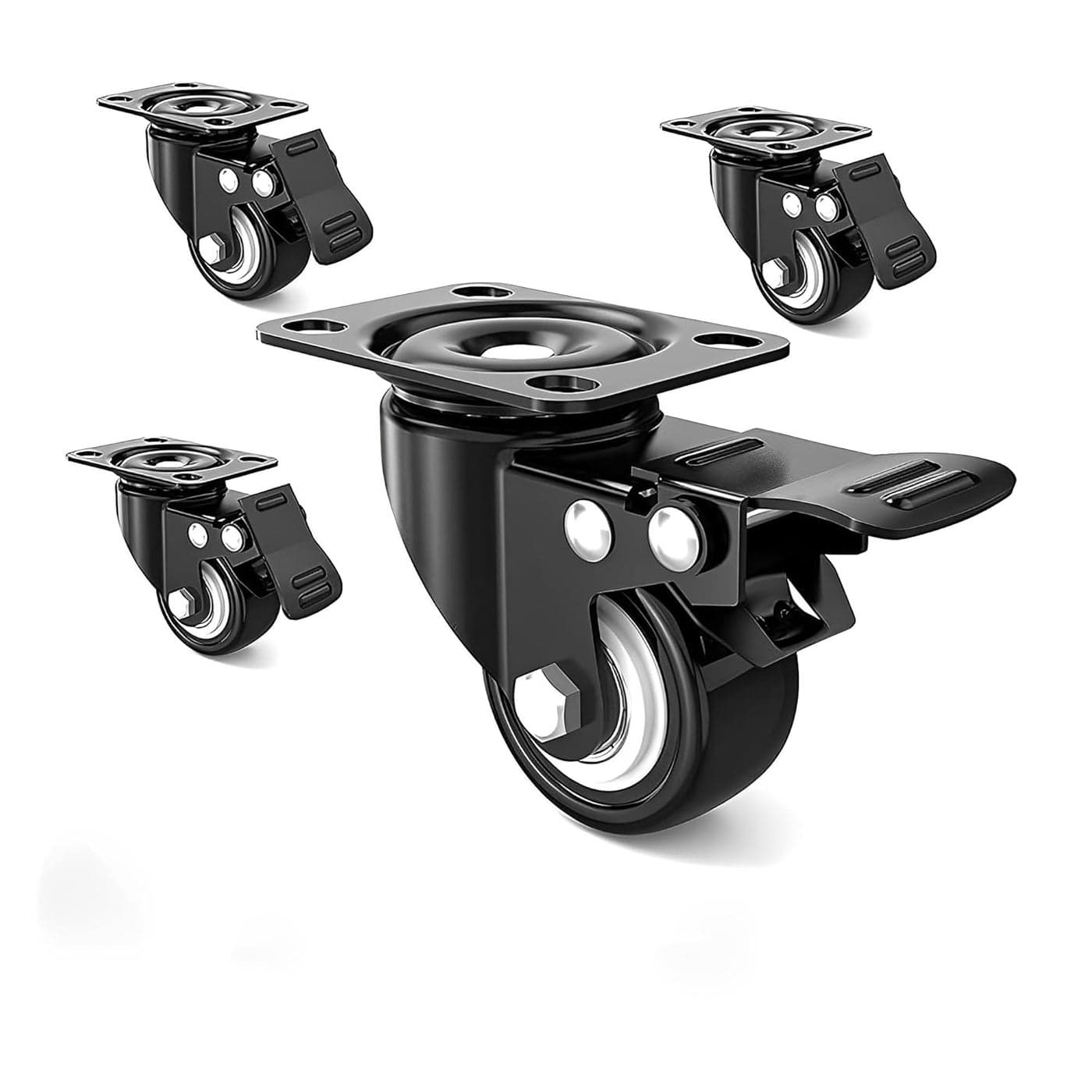 Volo 2 Caster Wheels Heavy Duty Casters with Brake No Noise Locking Casters with Polyurethane PU Wheels Swivel Plate Castors Pack of 4 Color Black