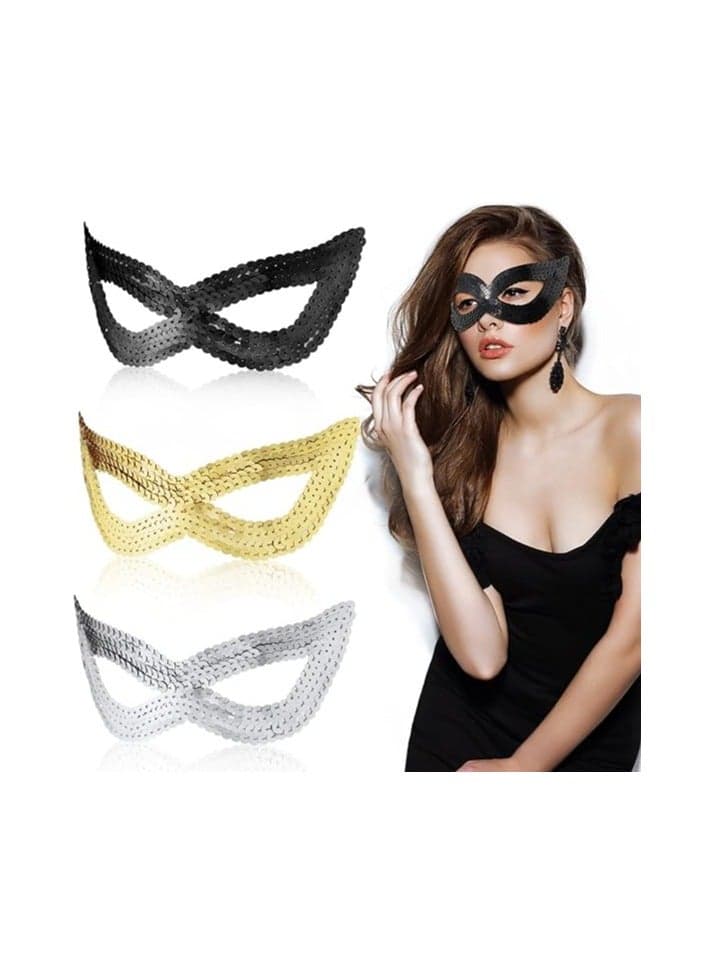 Women Sequin Shining Eye Mask, 3 Pieces Fancy Dress Masked Masquerade Cat Gold Silver Black Venetian Masks, for Girls Halloween Party Outfit Accessories, Role Play, Weddings, Concerts, Carnivals