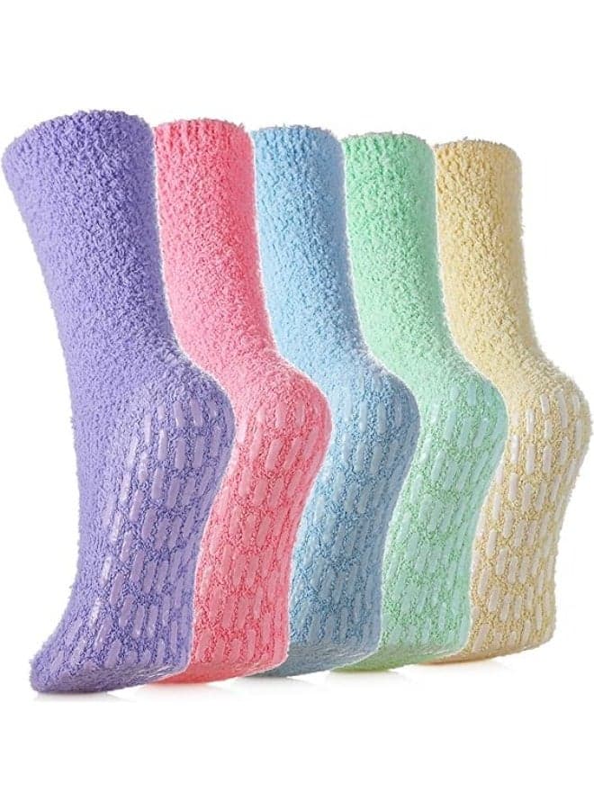 5 Pairs Fuzzy Socks with Grips for Women, Non Slip Slipper Socks, Soft Warm Fleece Anti Skid Winter Socks for Indoor Sleeping and Lounging, One Size Fits Most, Bright Candy Colors