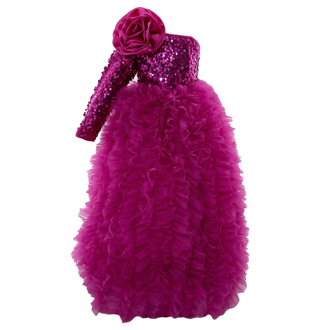 PINK WINGS Girls One Shoulder Maxi Gown | Designer Sequin & Ruffle Frock Dress for Kids, 7-8 Years | Magenta