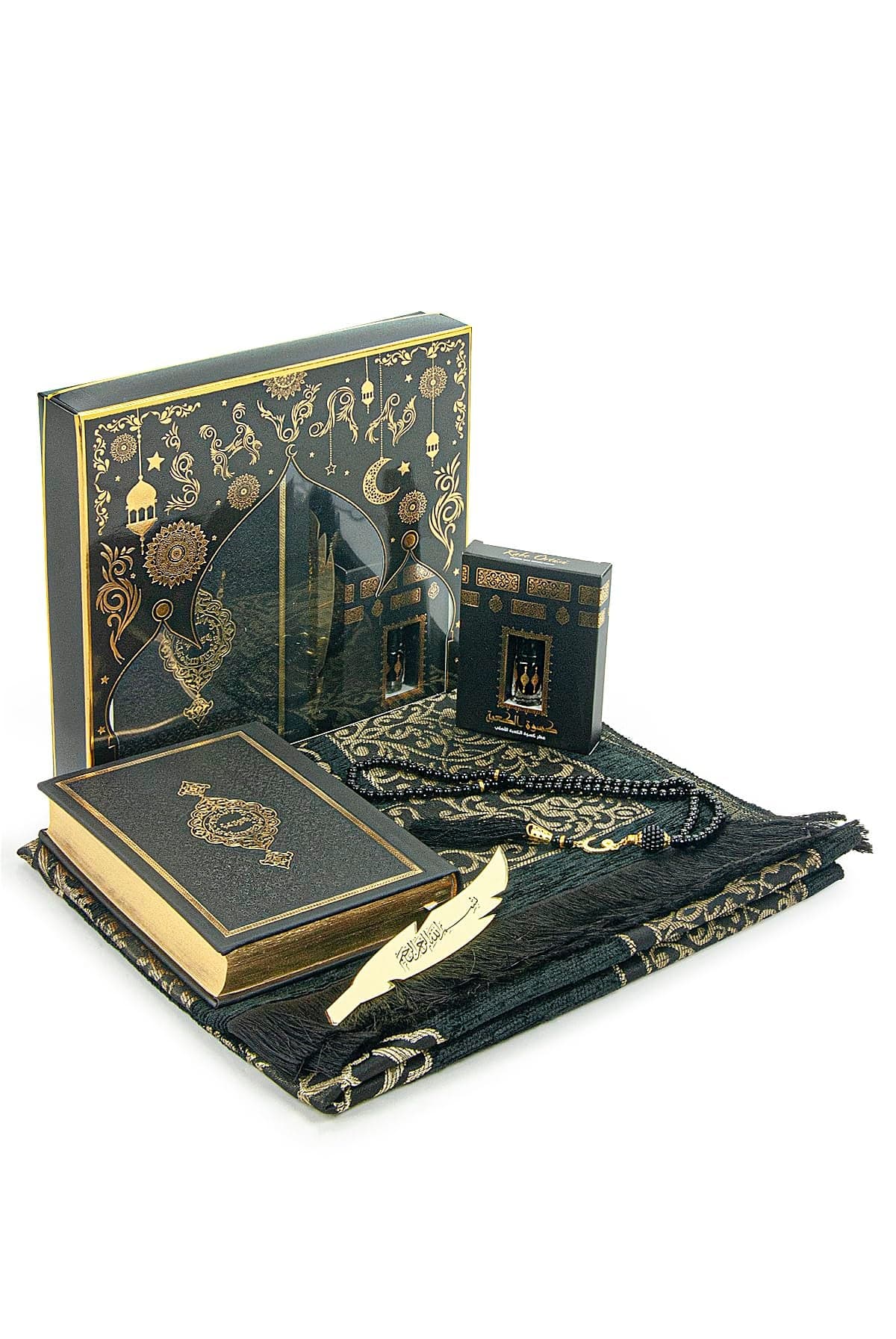 ihvan online Prayer Gift Set for Men Women Muslim Prayer Rug Salah Mat Beads Taasbih Arabic Holy Quran Islamic Gift Set for Ramadan Eid Black