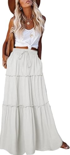 EARKOHA Womens Casual High Waist Tie Paisley Print Long Maxi Skirt with Pockets Solid-White S