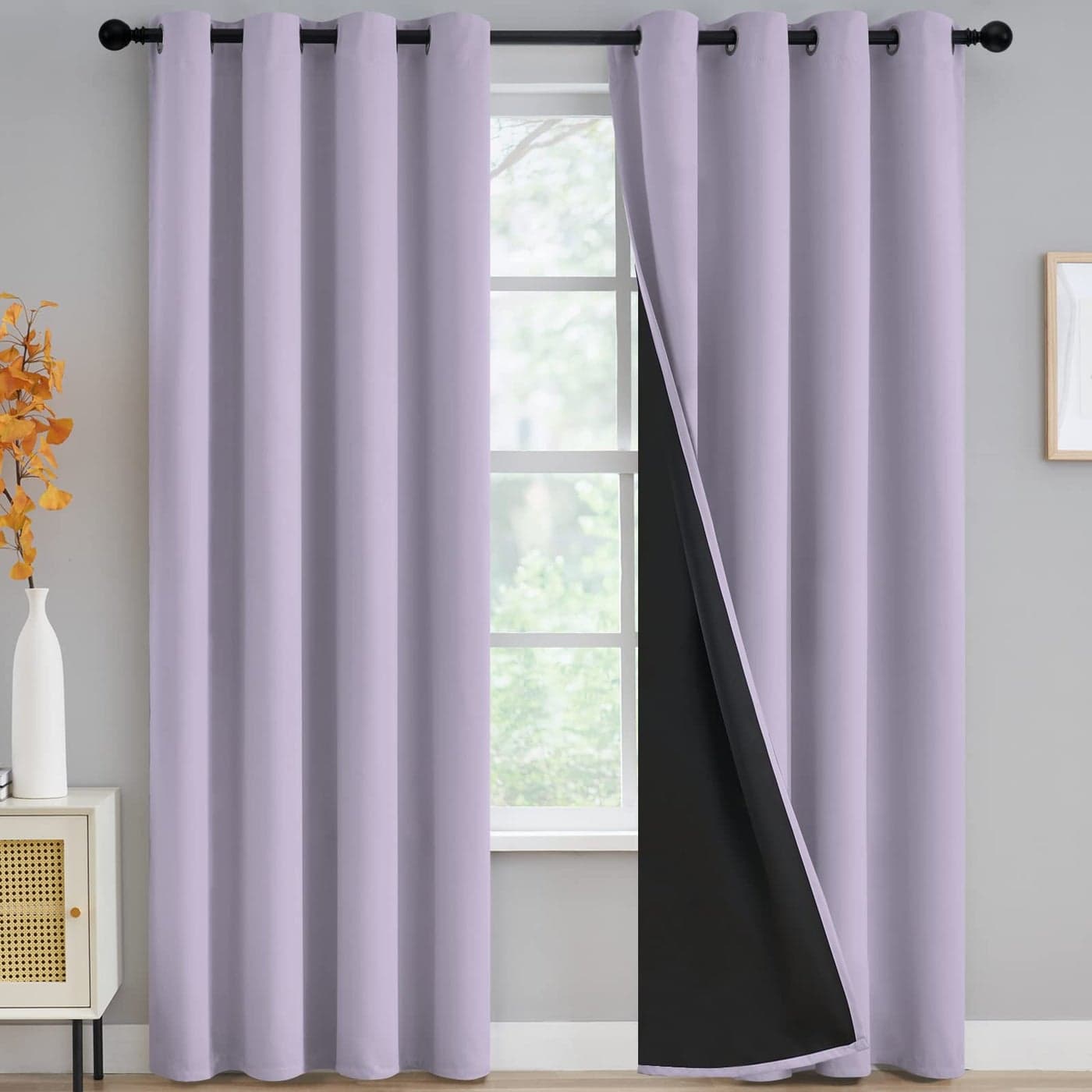 100 Blackout Window Curtain Panels for Bedroom Heat and Full Light Blocking Drapes with Black Liner for Nursery Thermal Insulated Solid Grommet Panels for Living Room 52Wx84L Lilac 2 Panels