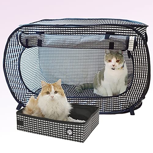 Necoichi Stress-Free Enclosure Cat Travel Carrier Cage 31.8" L x 20.0" W x 20.0" H with Litter Box Set Collapsible Gray White Stripes | Pop up Kannel, Crates