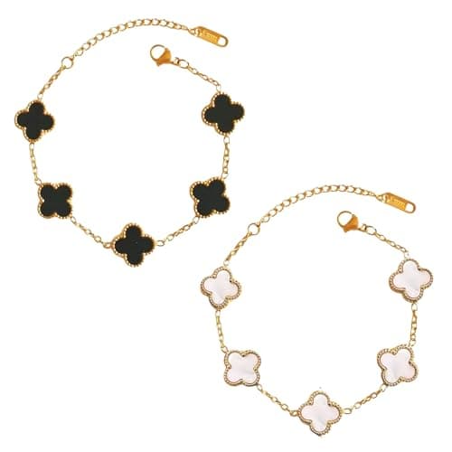 SALVE Clover Anti Tarnish Bracelet for Women Stylish | Stainless Steel Bracelet for Woman | Valentine's Gift for Girlfriend | Fashion Jewellery for Women Aesthetic Accessories for Girls Chain Bracelet Gold (Black & White Set)