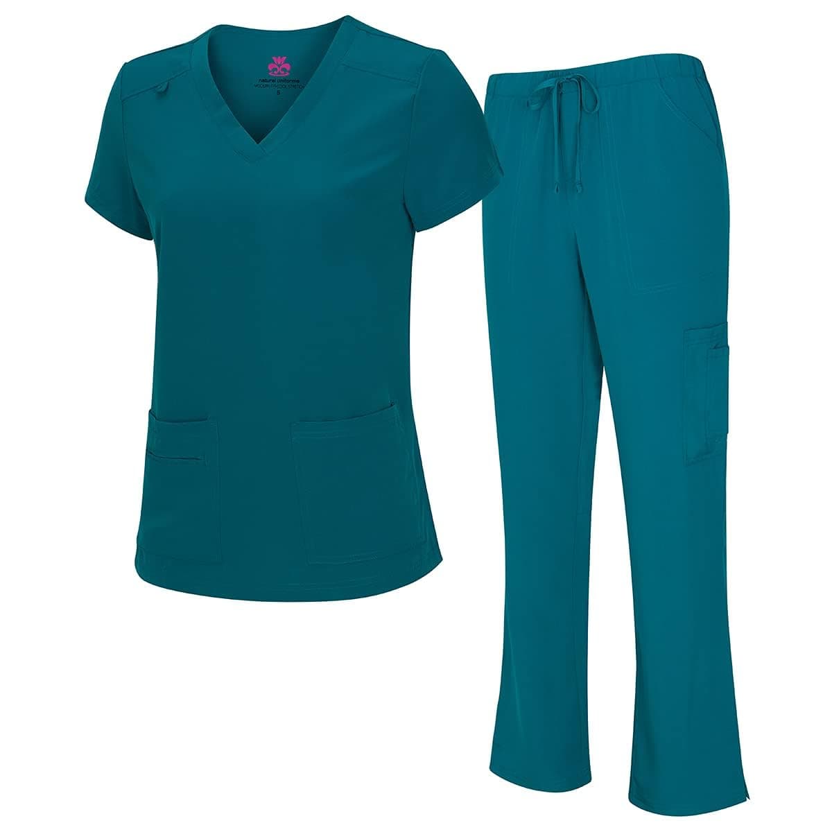 Natural Uniforms Women's Cool Stretch V-Neck Top and Cargo Pant Set (Teal, Small)