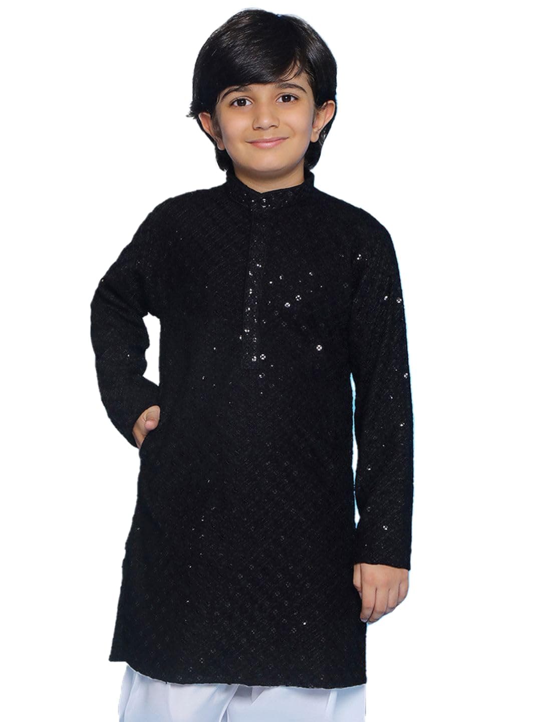 AJ DEZINES Kids Cotton Full Sleeve Sequined Black Kurta for Boys - Ethnic wear | Special Occasion & Party Outfit | Chikankari Kurta for boys - Regular Fit