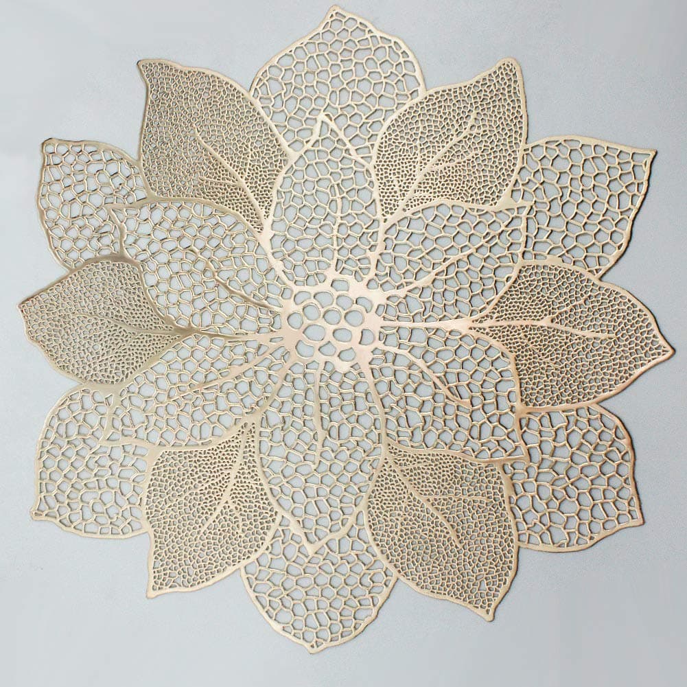 Gold Round Placemats for Dining Table Set of 6 Pressed Vinyl Metallic Table Mats Hollow Out Hibiscus Flower Place Mats for Dinner Decor Holiday Wedding Accent Centerpiece