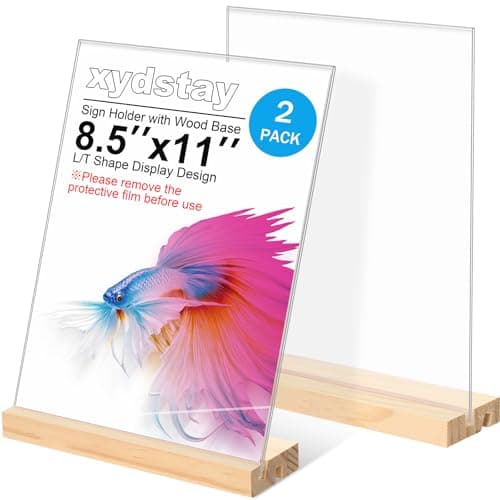 xydstay 2pack 85x11 Acrylic Sign Holder with Wood Base for Picture FramesLT Shape Double Slot Design for Vertical or Slant Back Display for Restaurant Office School Store and Home Use