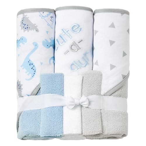 Viviland Baby Towels and Baby Wash Cloths Set Hooded Baby Towels Baby Wipes Absorbent Bath Face Towels Burp Cloths or Face Towels for Girl Boy 6-Pack Size 28 x 28 Inch(Dinosaur)