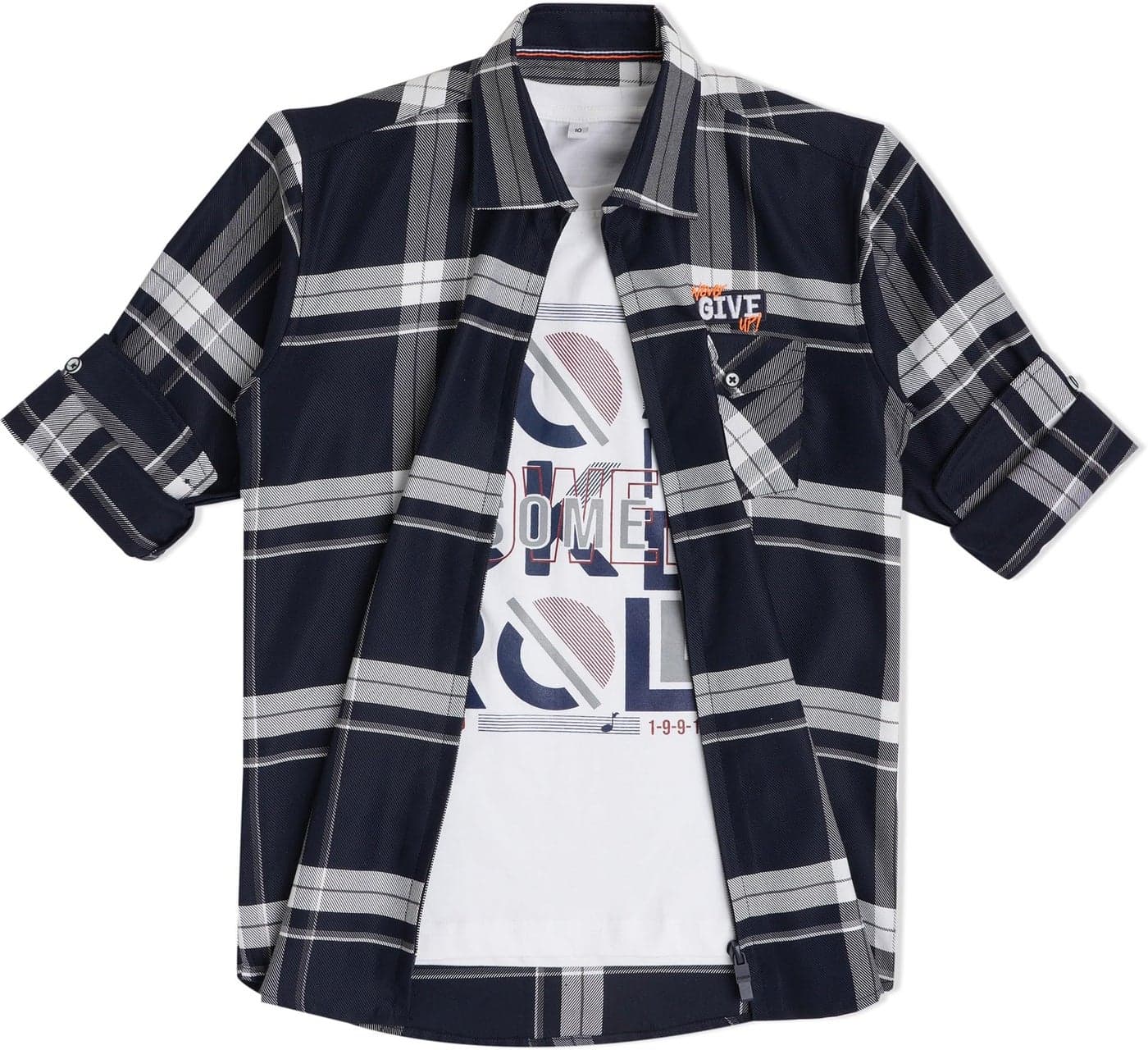CAVIO Boys Cotton Navy Regular Fit Checks Casual Shirt and T-Shirt, 11-12 Years