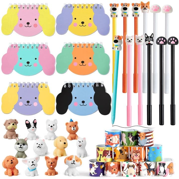 SNLN Dog Party Favors for Kids 12Set Paw Print Puppy Party Favors with Mini Notebooks Pens Dogs Figures Slap Bracelets Boys Girls Birthday Gift Goodie Bags Stuffer Dog Themed Party Supplies Decor