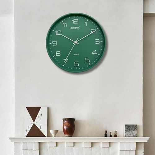 OREVA 12.2 Inch Round Fancy Embossed Number Dial Contemporary Stylish Clocks Modern Analog Silent Wall Clock for Living Room Bedroom Latest Home Décor Office AQ-9507SS (Green)