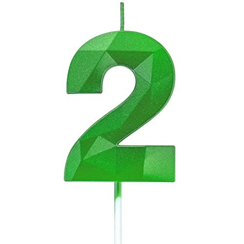 2.75in 3D Diamond Shape Tall 2 Green Glitter Candles, Happy Birthday Cake Toppers for Adults/Kids Party/Family Baking