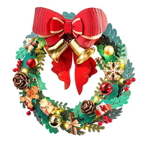 Rolife 3D Wooden Puzzle Christmas Wreath for Adults 16in Eucalyptus Wreath with Red Bow Golden Bell LED Lights 252pcs DIY Holiday Front Door Decor Indoor Outdoor Christmas Decor