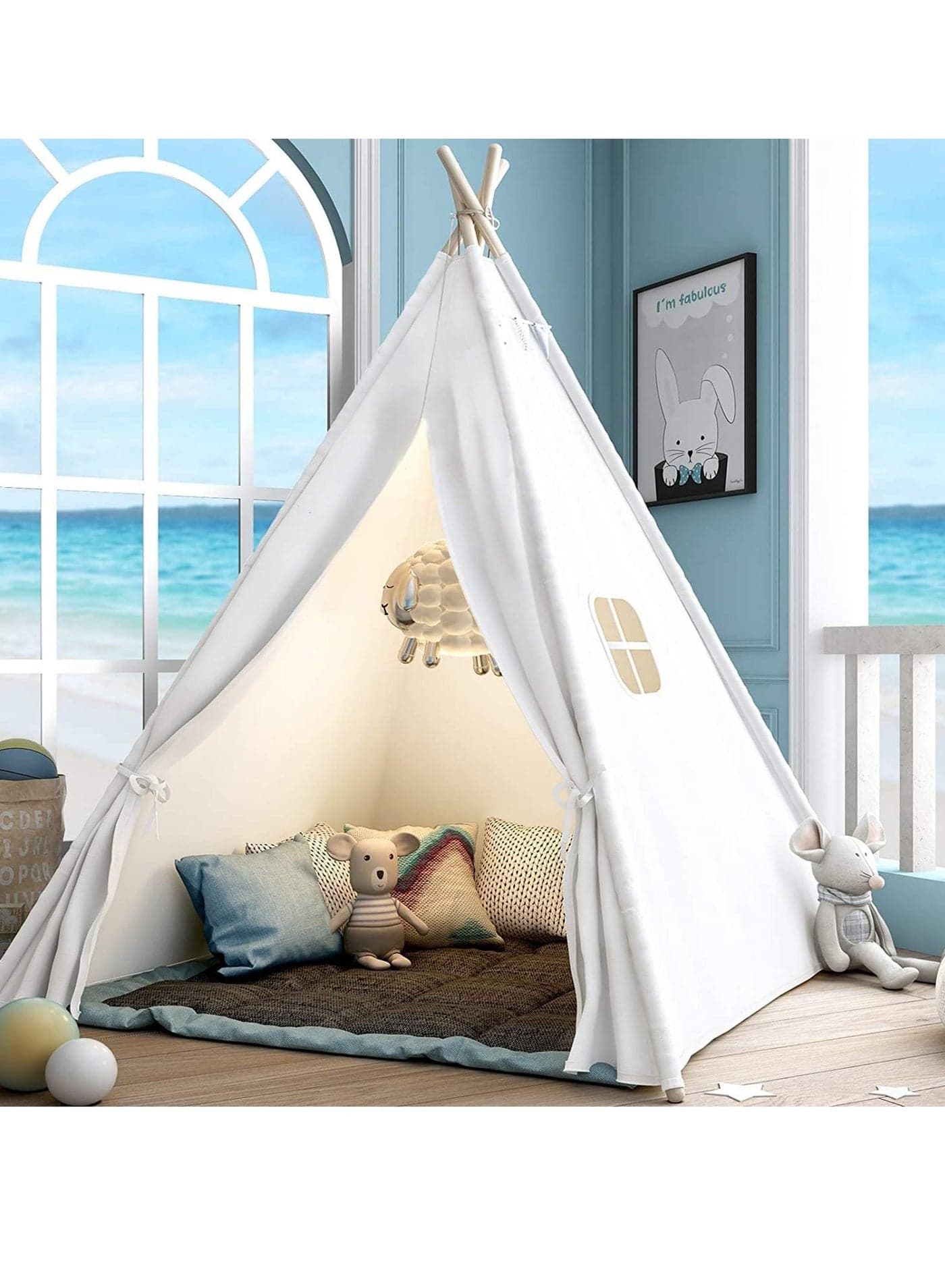 Kids Teepee Tent 1.8 M Foldable Canvas Play Tent for Girls boys Children's Gift Toy Playhouse Portable Indoor and Outdoor Camping Tent for Picnic Birthday Gift White Play Tent for Toddlers and Kids
