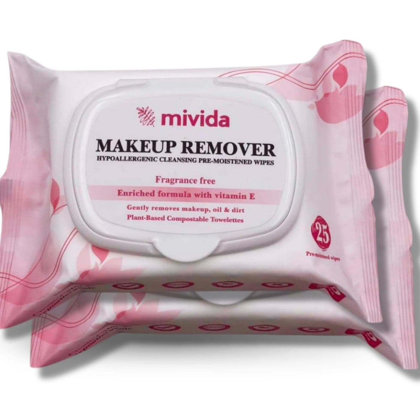 mivida Hypoallergenic Makeup Remover Wipes 2 Pack of 25 Count Biodegradable Facial Cleansing Make up Remover Face Wipes with Vitamin E Fragrance Free Alcohol Free Plant Based 50 Count wipes