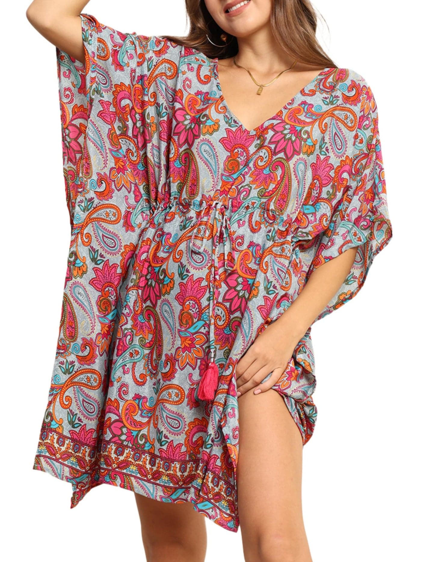 KE KANHA EXPORTS Kaftan Dress|kafthan dress for women|kaftan kurti for women|beach wear |Boho Beach|Border Print Drawstring Tassel|Printed|Easily fits M TO XXL|Bust32-42in Length36in