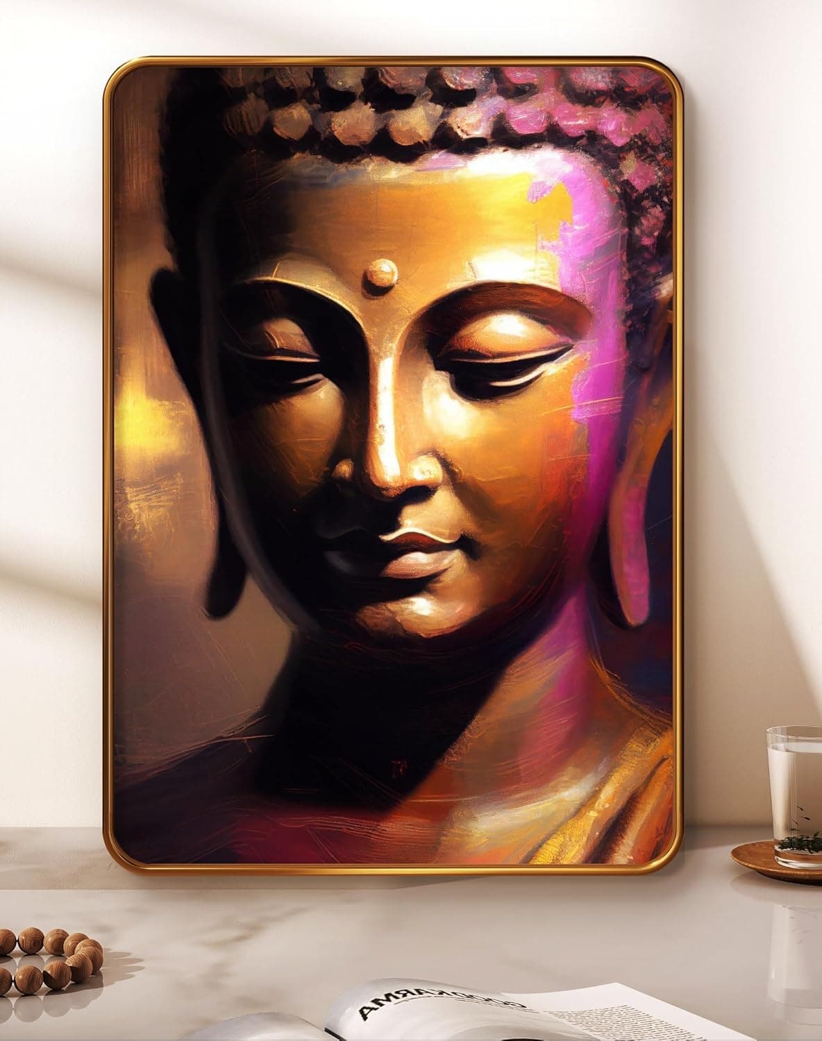 Livinluxe paintings Buddha religious modern art Premium Sparkle Lamination Finished Surface Golden Slim Frame 50 cm x 34 cm Large Size For HomeOfficeHotel painting MG481