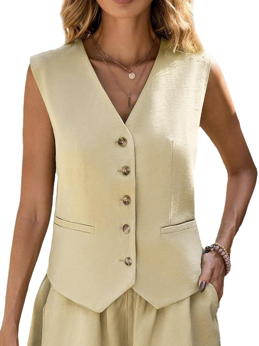 Sleeveless Vest Blazer for Women 2024 Summer Beige Linen Lightweight Casual Cropped Short Petite Fitted Ladies Fashion Dressy Womens Vests Blazer Jackets Suits