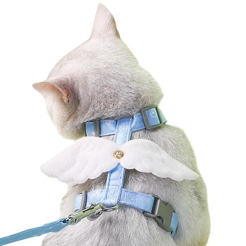 WELLYUK Cat Harness and Leash Set White Wing for Outdoor Travel Walking Escape Proof Soft Safe Adjustable Kitten Puppy Small Strap Angel Style, Blue