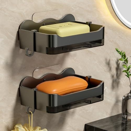 MorivaHomes Self-Adhseive Bathroom Soap Holder with Drainage Tray Wall Mounted Soap Sponge Holder Organizer Accessories (Black, Pack of 2),Plastic
